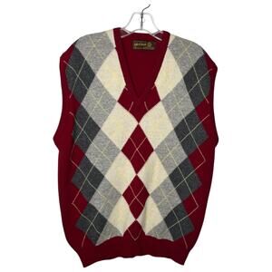 VTG Lyle & Scott Argyle Sweater Vest 44 L Red Gray V-Neck Lambswool Scotland